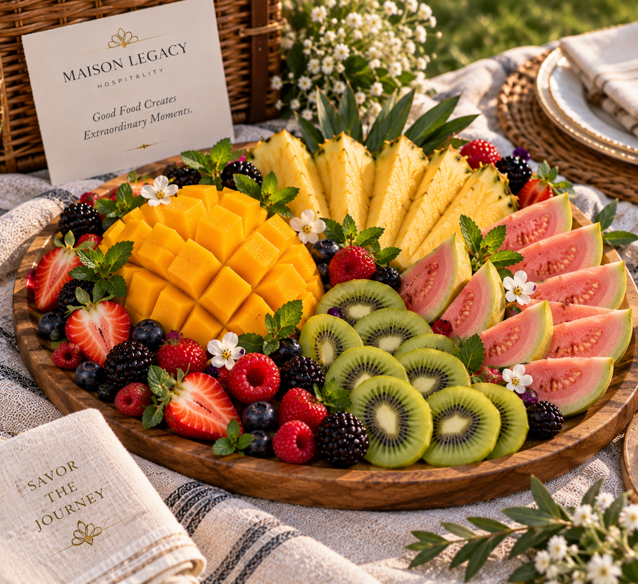 Maison Legacy tropical fruit platter styled for a luxury picnic for two
